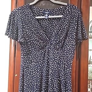 Chaps Flutter sleeves Dress Navy Blue with beige Polka-dot Size small